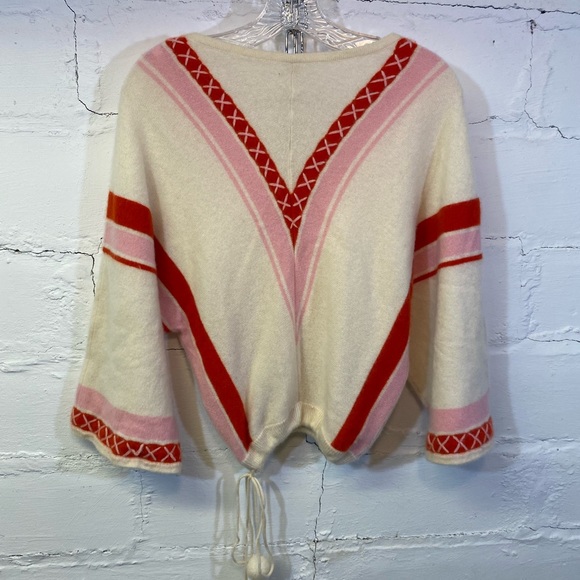 Dinameta Vintage Cashmere V Neck Sweater Drawstring Waist Cream Red Pink Stripe - Picture 5 of 7